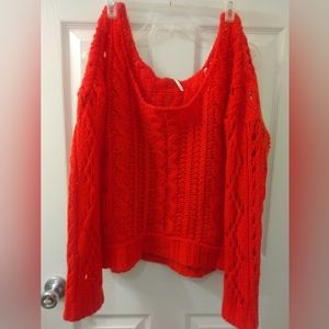 Red Free People crochet knit oversized sweater